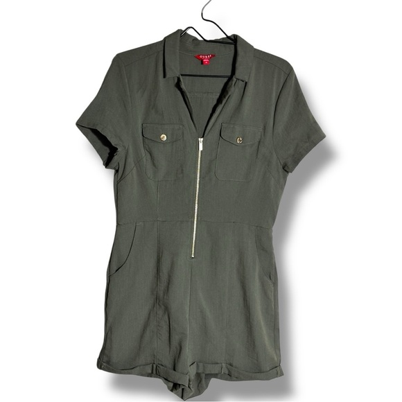 Guess Olive Green Military Style Rolled Hem Gold Zip Front Pockets Romper - Picture 14 of 16